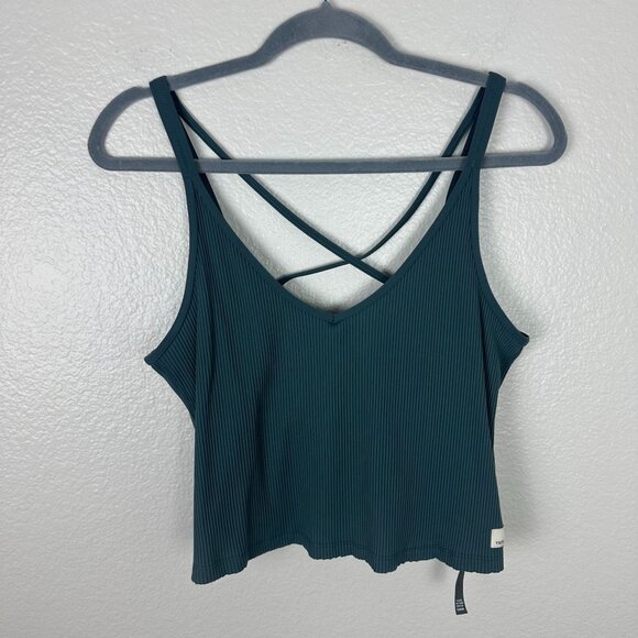 Vuori Women's Rib Crop Tank XL Blue Stretch Athleisure V Neck Strappy Back - Picture 1 of 8